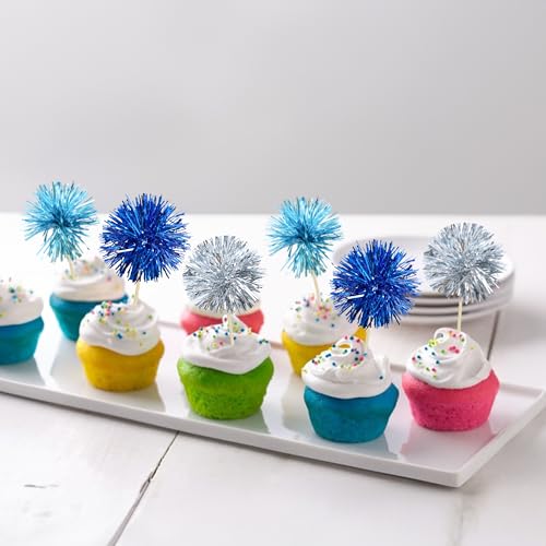30Pcs Foil Firework Cupcake Toppers Sparkle Tinsel Cake Toppers Tinsel Drink Cake Decoration Cocktail Picks for Birthday Wedding Graduation Party Supplies Blue Silver (30 Count)