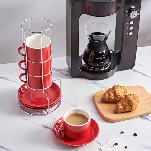 8 Ounce Stackable Cappuccino Cups with Saucers and Metal Stand (4 Count)