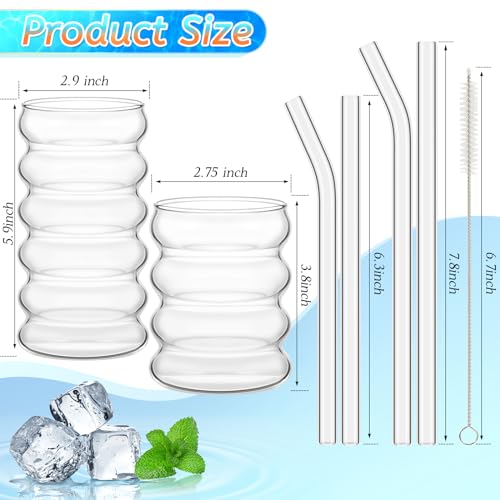4 Pcs Creative Glass Cups Vintage Drinking Glasses Ribbed Glassware Aesthetic Cup Entertainment Dinnerware Glassware with Straws Set for Kitchen Coffee Beverage (4 Count)
