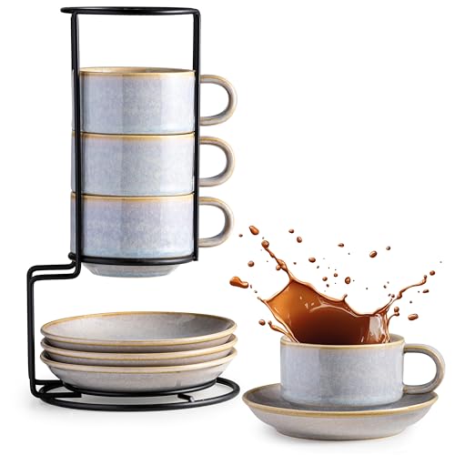 6oz Stackable Cappuccino Cups Set of 4 with Saucers & Stand (9.99 Count)