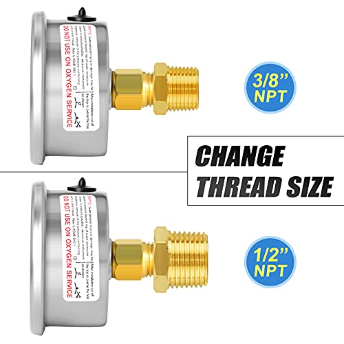 1/4" NPT 0-50psi Pressure Gauge, 2" Dial Glycerine Filled Pool Filter, 304 Stainless Steel Housing, Back Mount, with 1/2" NPT and 3/8" NPT Hex Bushing