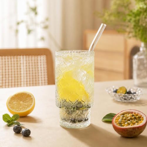 Glass Cups with Lids and Straws 16 oz Begonia Drinking Glasses Set (4 Count)