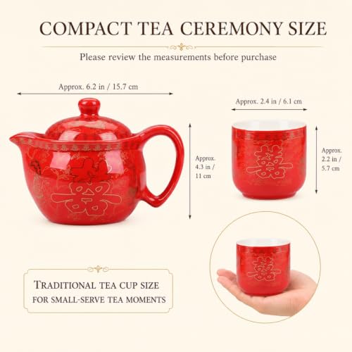 Chinese Tea Set Traditional Red Ceramic with Chinese Teapot and 6 Porcelain Teacups