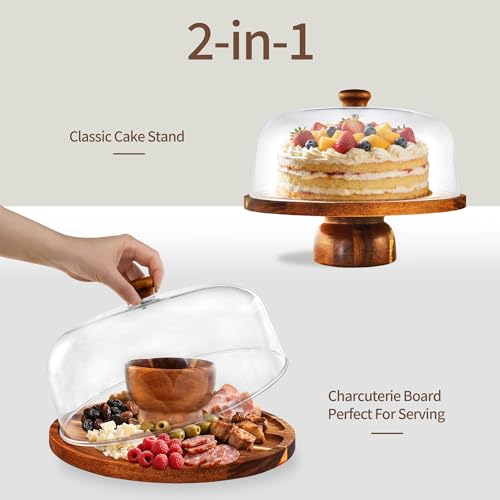 Acacia-Cake-Stand-with-Acrylic-Lid, 2-in-1 Wood Cake Holder Charcuterie Board with Cover, Round Cake Plate with Dome for Party，Dessert Table Display Stand