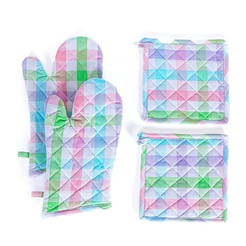 4 Piece Set Gingham Check 2 Oven Mitts & 2 Potholders (4 Count)