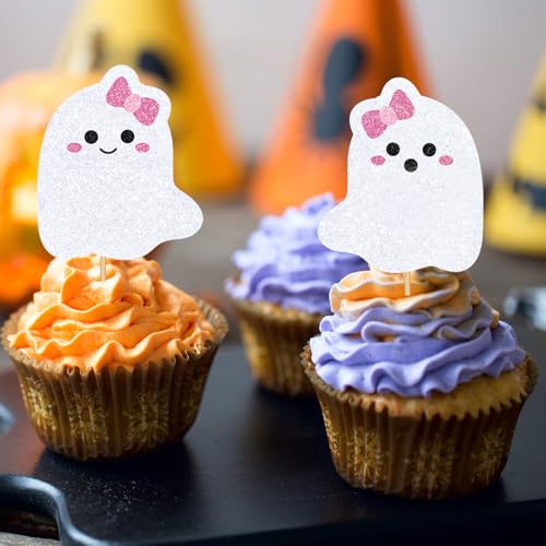 48Pcs Halloween Cupcake Toppers Pink Bow Ghost Cupcake Picks Cute Ghost Cake Decorations for Halloween Birthday Party Supplies (48 Count)