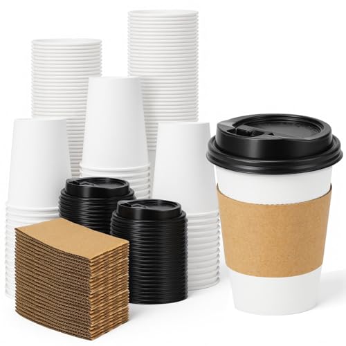 50 Pack 10 oz Disposable Coffee Cups With Lids and Sleeves (50 Count)