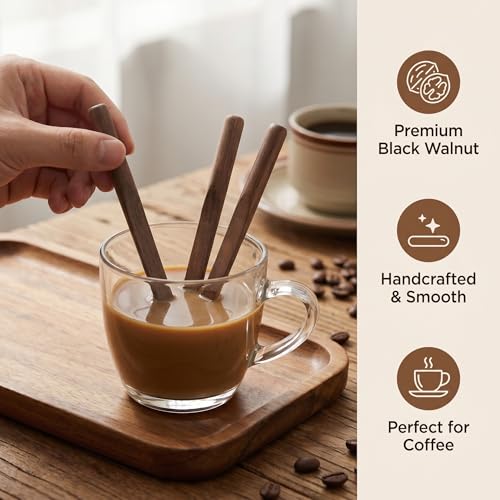 Solid Black Walnut Wood 3Pcs 6" Reusable Coffee Stirrers【Rounded Handle】 (3 Count)