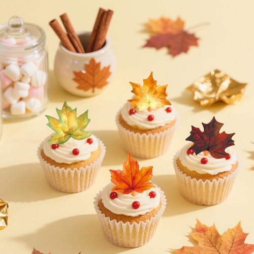 72 Pcs Edible Fall Leaves Cupcake Toppers Wafer Paper Autumn Maple Leaf Cupcake Topper Thanksgiving Theme Cake Picks Birthday Baby Shower Party Decorations