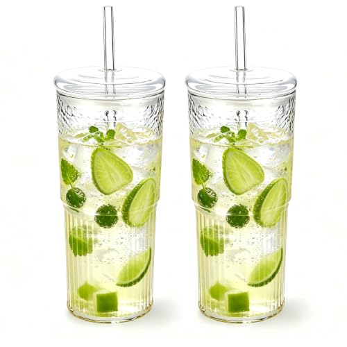 2‑Pack 20oz Borosilicate Glass Tumblers with Glass Lid & Straw