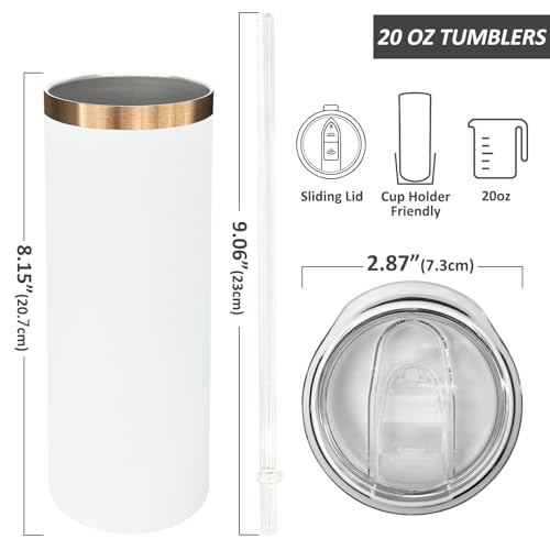 20 oz Skinny Tumblers Bulk with Lids and Straws White (8 Count)