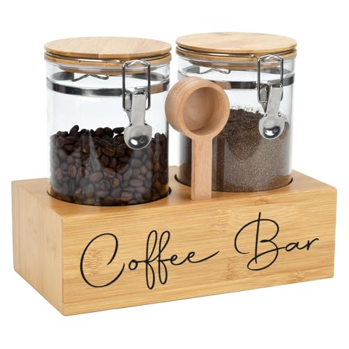 Glass Coffee Canister Set with Bamboo Shelf & Spoon