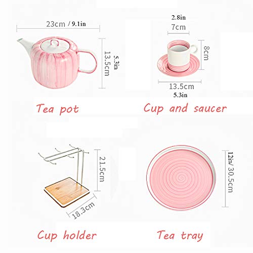 Utility Tea Set for Adults Tea Cup and Saucer Sets of 6 Afternoon Tea Set Pink Teapot Coffee Cup Set with Tea Tray Gift for Mother's Day Teapots