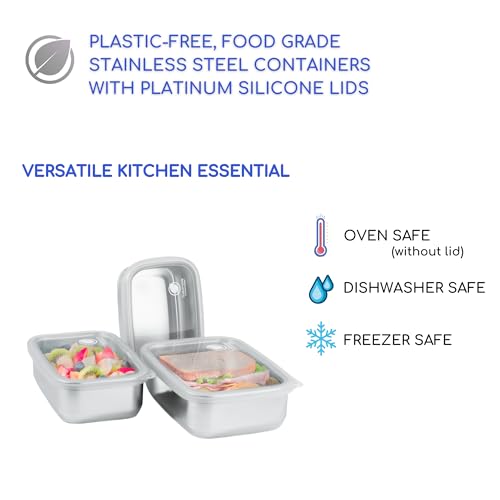 Stainless Steel Food Storage Containers with Clear Platinum Silicone Lids (3 Count)