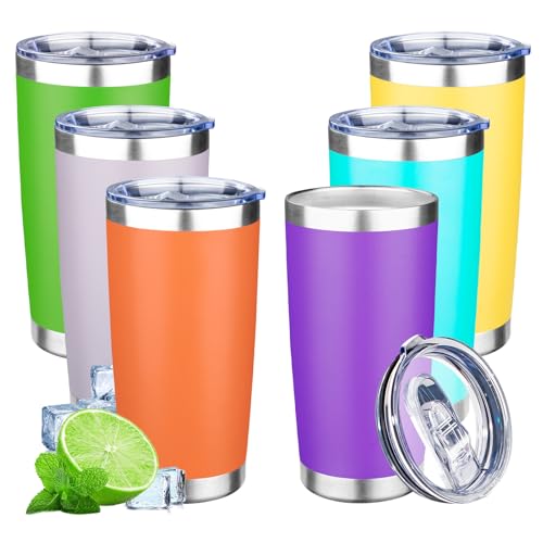 20oz Tumbler with Lid Double Wall Vacuum Insulated Travel Coffee Mug Stainless Steel Thermal Cup Powder Coated Sturdy Coffee Tumbler Bulk for Hot and Cold Beverages (6 Count)