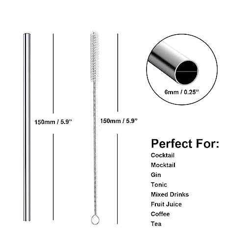 Stainless Steel Straws Short Small 5.9" Reusable Metal Bar Drinking Straw Set With Cleaner Brush for Cocktails Rock Gin Glass Coffee Mason Jar Tumblers Kids Fruit Juice Box (16 Count)