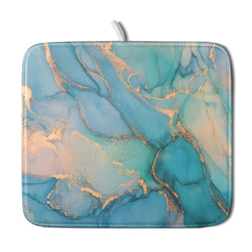 Marble Dish Drying Mat for Kitchen Counter Blue Teal Turquoise Gold Drying Mat 16 x 18 Inch Microfiber Dish Drying Pad Dish Rack Pad Drainer Mat for Coffee Bar