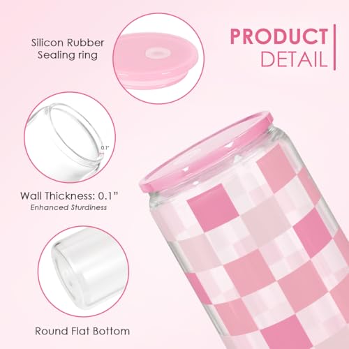 Checker 16 Oz Can Glass Tumbler with Acrylic Lid and Straw