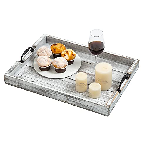 Rustic Vintage Big Wood Food Serving Trays with cutout Metal Handles