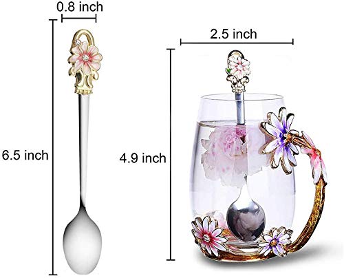 Enamel flower Glass Coffee Mug Tea Cup with Spoon Gifts For Women