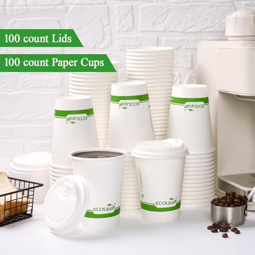 100 Count 12 oz Compostable Paper Coffee Cups with CPLA Lid