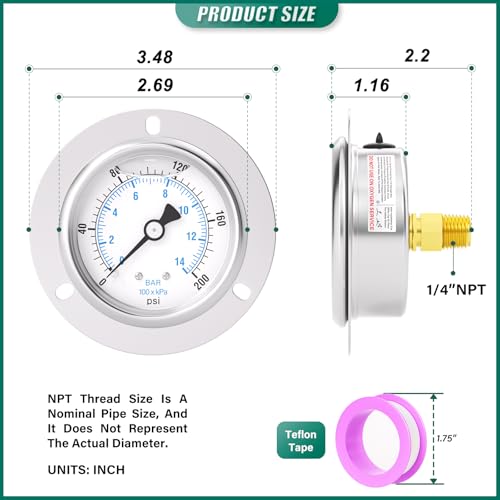 0 200PSI Panel Mount Front Flanged Glycerin Filled Pressure Gauge