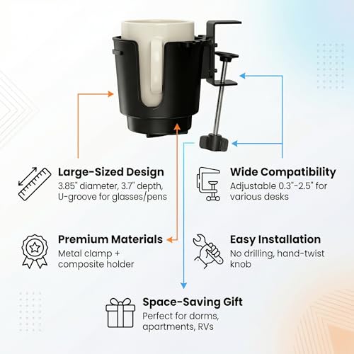 Large Desk Cup Holder Clamp with Metal Mount for 3.26" Water Coffee Bottles