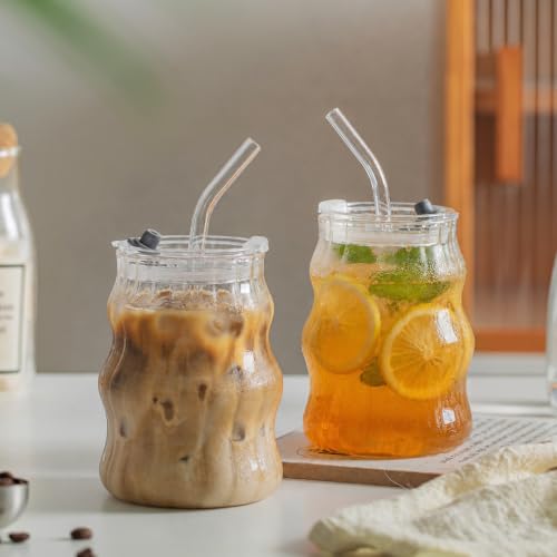 Ribbed Glass Cups with Lids and Straws