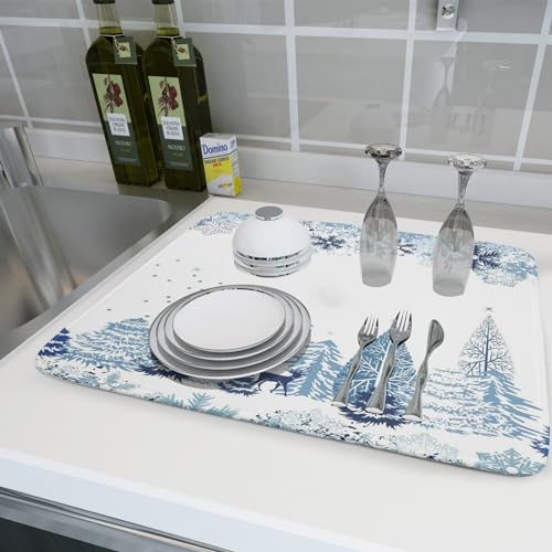 Winter Blue Snowflake Dish Drying Mat Christmas Tree Kitchen Counter Dish Drainer Mats Xmas Forest Deer Moose Dish Dry Pad Bottles Protector for Kitchen Countertop Coffee Bar
