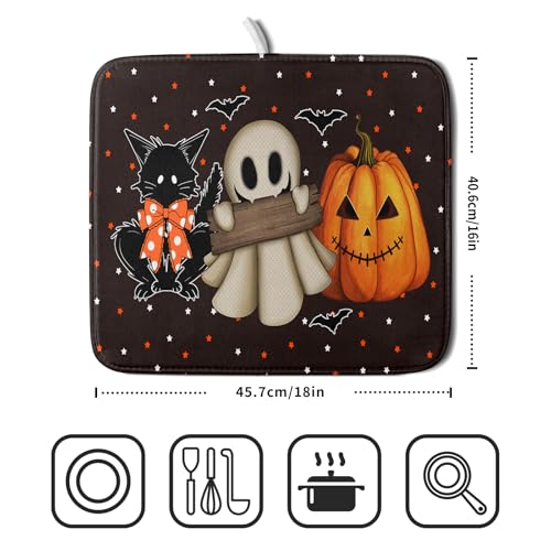 16"x18" Halloween Dish Drying Mat Spooky Pumpkin Ghost Black Cat Bats Kitchen Drainer Mats Holiday Gothic Reversible Microfiber Dish Drying Pad Small Size for Countertop Tabletop Decor