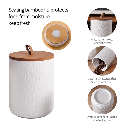 White Stone Ceramic Canister with Bamboo Lid (3 Count)