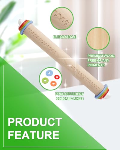 16.7" Rolling Pin with Thickness Rings for Cookies