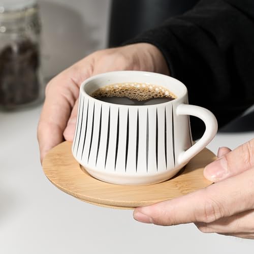 Ceramic Coffee Espresso Cups with Saucers Set with Metal Holder (7.6 Count)