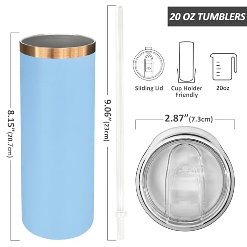 20 oz Skinny Tumblers Bulk with Lids and Straws Sky Blue