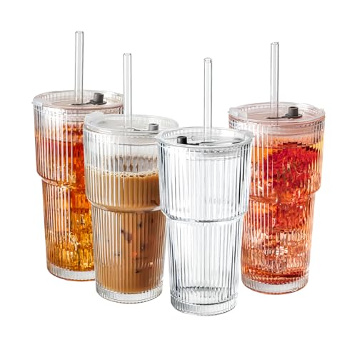 20oz Ribbed Glass Tumblers with Lids & Straws
