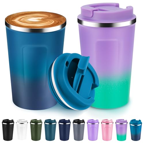 12 oz Double Wall Insulated Vacuum Travel Coffee Mugs with Flip Lid Bulk 2 Pack (2 Count)