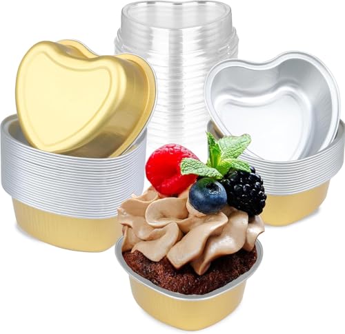 Mini Cake Pans 3.5oz Aluminum Foil Heart Cake Pan with Lids (50 Count)