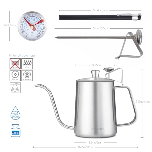 Gage Gooseneck Pour Over Coffee Kettle 20 oz with Thermometer Stainless Steel Hand Drip Coffee Pot With Long Narrow Spout