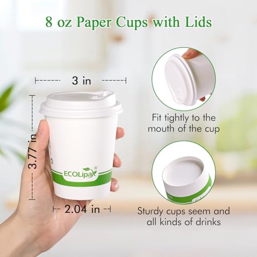 200 Count 8 oz Compostable Paper Coffee Cups with CPLA Lid