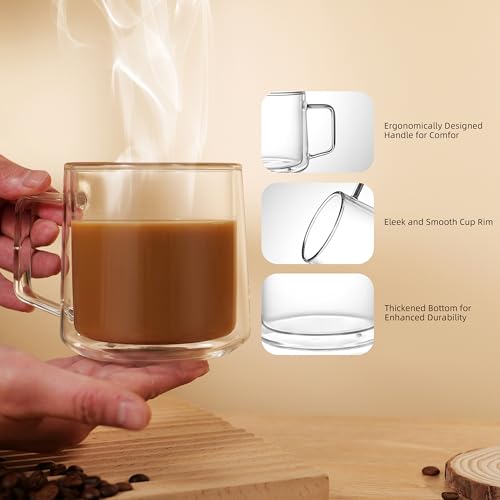 15oz(4-pack) Double Walled Glass Coffee Mugs,Large Insulated Glass Mugs with Handle,Clear Coffee Cups for Espresso,Latte,Cappuccino,Tea (4 Count)