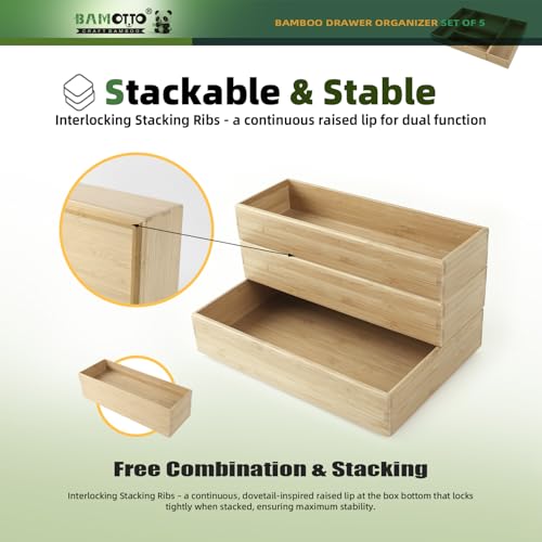 Stackable Bamboo Drawer Organizer Set of 5 for Kitchen (5 Count)