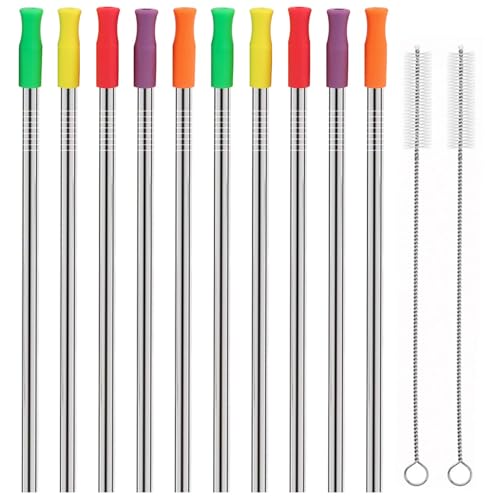 Stainless Steel Metal Straws with Silicone Tips Set of 10 Straight Reusable Drinking Straws for 20oz 30oz Tumblers