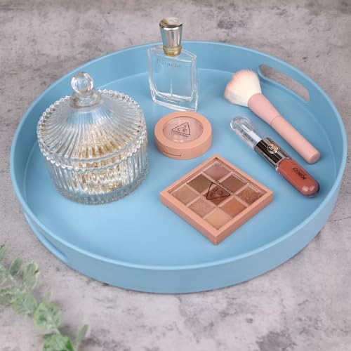 Round Blue Decorative Serving Tray with Handles
