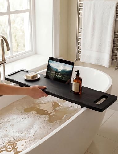 39" Black Wooden Bathtub Caddy with Spot for Phone