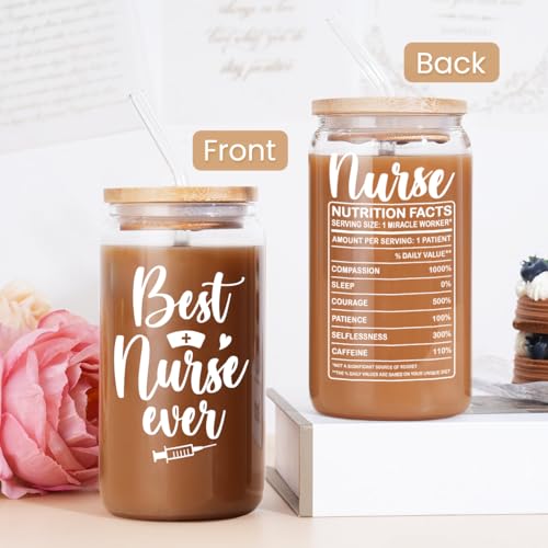 Nurse Cup 16 Oz Glass Can with Bamboo Lid and Straw