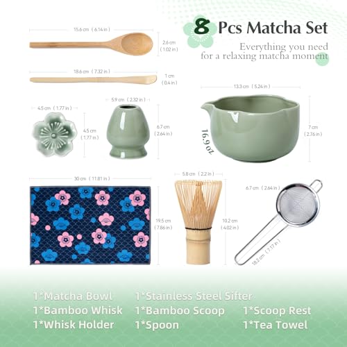 Matcha Set 8Pcs Floral Ceramic Matcha Kit with Matcha Whisk