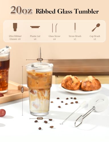 20 oz with Lids and Straws Ribbed Glass Cup Set of 4 (4 Count)