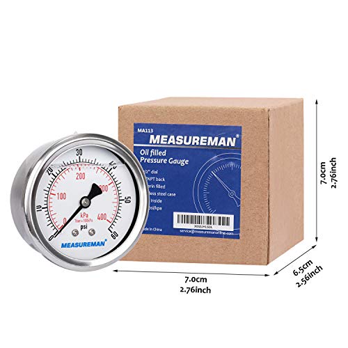 2-1/2inch Dial Size, Liquid Filled Pressure Gauge, 0-60psi/400kpa, 304 Stainless Steel Case, 1/4inchNPT Back Mount