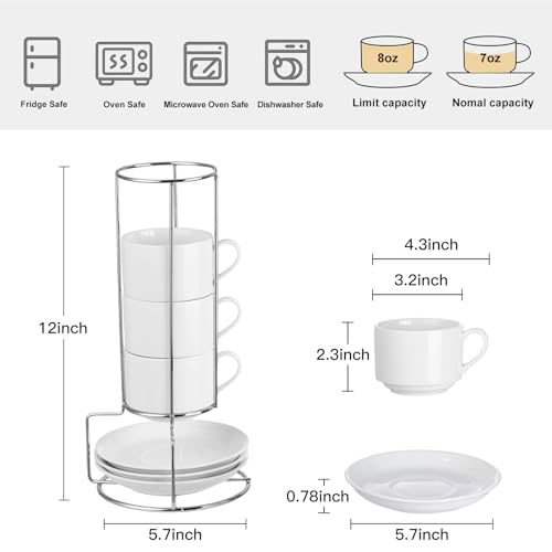 8 Ounce Stackable Cappuccino Cups with Saucers and Metal Stand (4 Count)