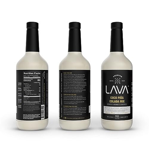 3 Pack) LAVA Premium Coco Pina Colada Made with Cream of Coconut and Real Pineapple, No Artificial Sweeteners or Flavors, 1-Liter (33.8oz) Glass Bottle. (101.4 Fl Oz)